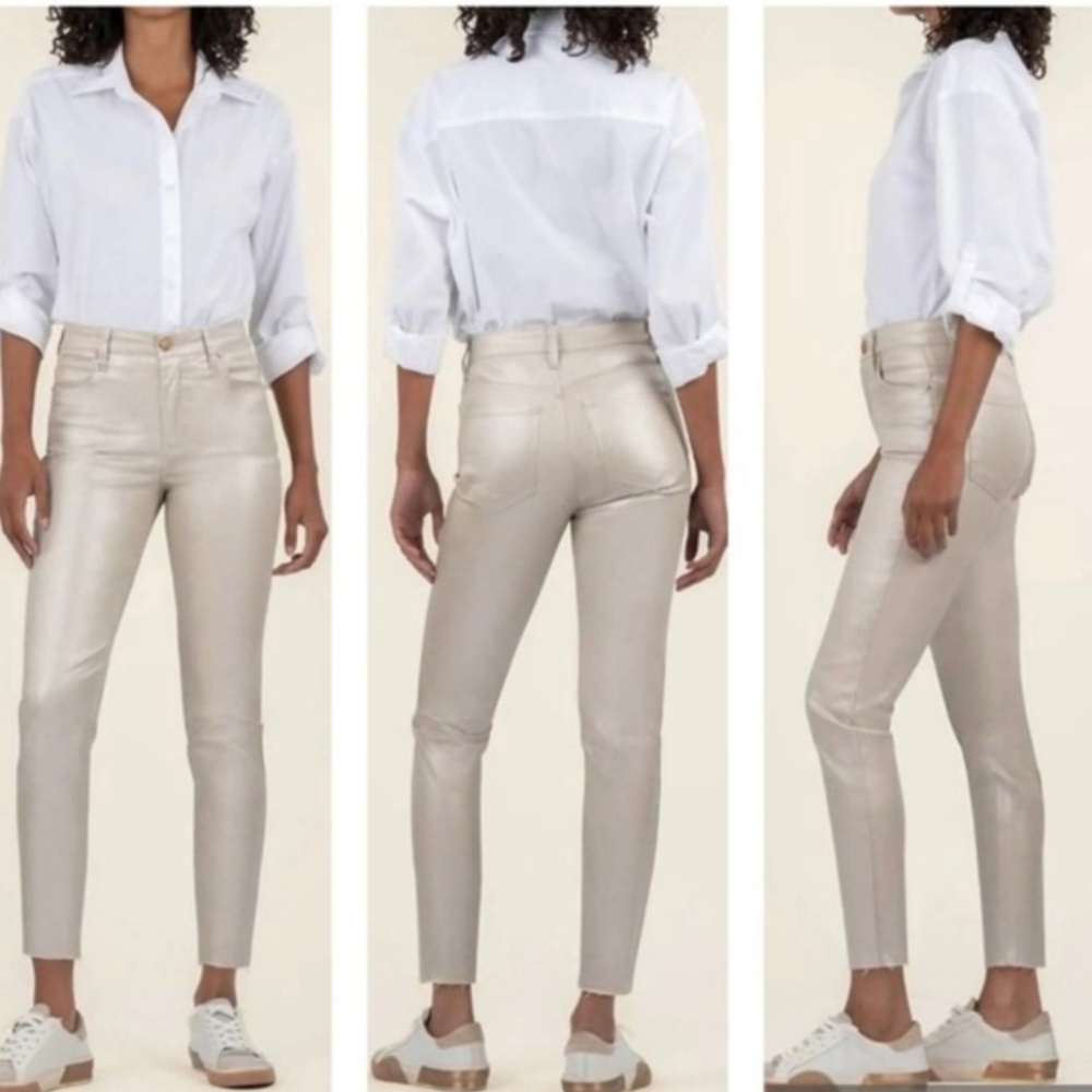 Kut From The Kloth Charlize Cigarette Leg Button Fly Ivory Gold Sheen Jeans 14